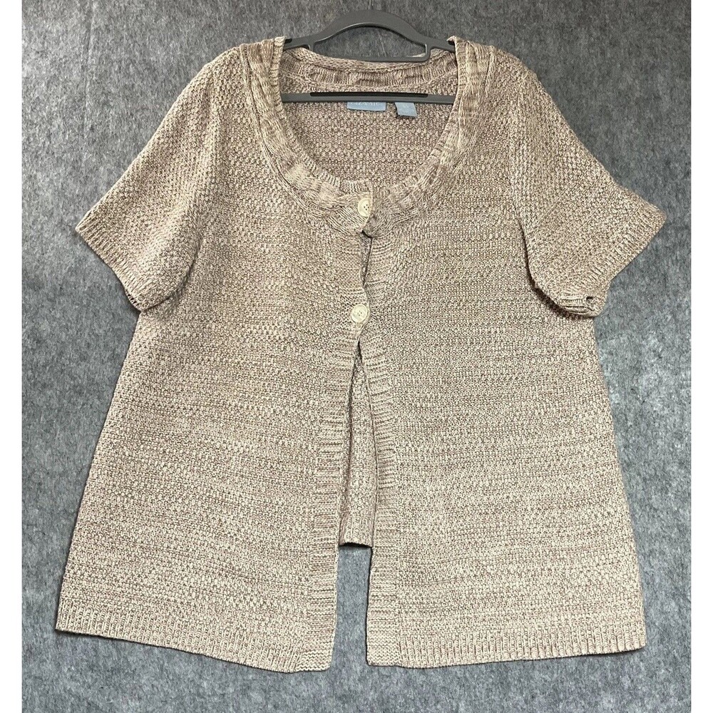 Liz & Me Sweater Cardigan Women 16W Beige Cotton Blend Scoop Neck Cottage Casual